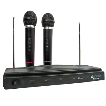 Defender MIC-155 Black (беспроводной, для караоке, 2шт. в комплекте, адаптер 6,3 мм jack/3,5 мм jack, до 30м, 64155)