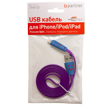 Кабель Partner Lightning-USB Violet (со смайлом, 1м)