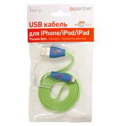 Кабель Partner Lightning-USB Green (со смайлом, 1м)