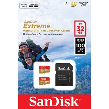  MicroSDHC 32Гб Sandisk Класс 10 UHS-I A1 Extreme for Action Cameras 90MB/s 2-Pack (адаптер)