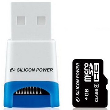  MicroSDHC 04Гб Silicon Power Класс 4 (USB ридер)