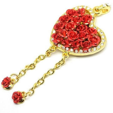 Оригинальная подарочная флешка Present HRT30 32GB Red (флешка-сердце золотое с розами и кристаллами)
