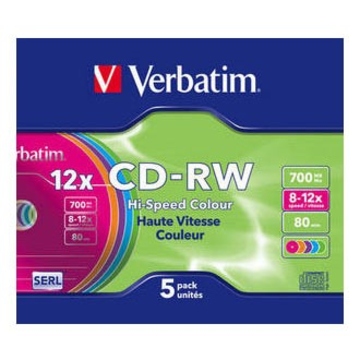 CD-RW Verbatim Slim Case 5шт (700MB, 8x-12x, Color, 43167)