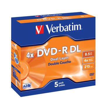 Диск DVD-R Verbatim Jewel Case 5шт (8.5GB, 4x, двухслойный, 43543)