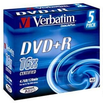 DVD+R (болванка) Verbatim Slim Case 5шт (4.7GB, 16x, Color, 43556)