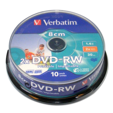 miniDVD-RW Verbatim Cake Box 10шт (1.4GB, 2x, 8см, Printable, 43640)
