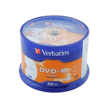 Диск DVD-R Verbatim Cake Box 50шт (4.7GB, 16x, Wide Inkjet Printable, 43649)