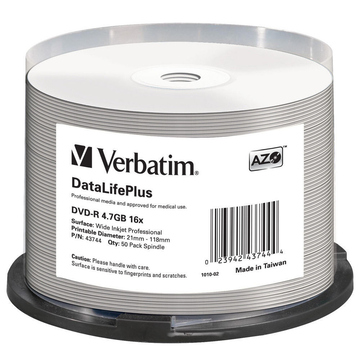 Диск DVD-R Verbatim Cake Box 50шт (4.7GB, 16x, Full Ink Printable Pro, 43744)